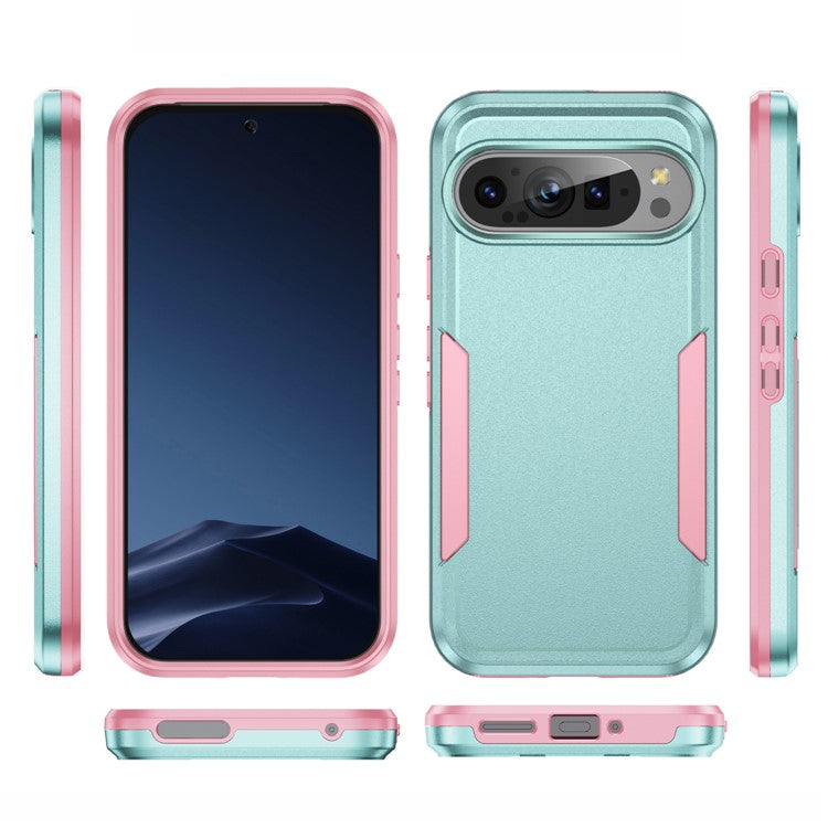 For Google Pixel 9 / Pixel 9 Pro Case PC+TPU Military Grade Drop Protective Phone Cover - Green+Pink