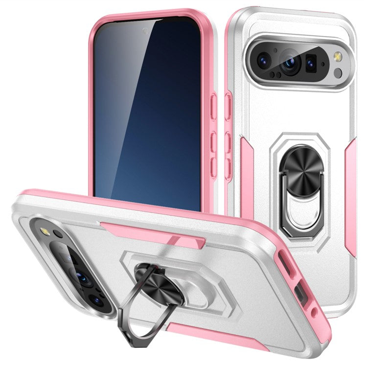 For Google Pixel 9 / Pixel 9 Pro Case Military Grade Ring Kickstand PC+TPU Phone Cover - White+Pink