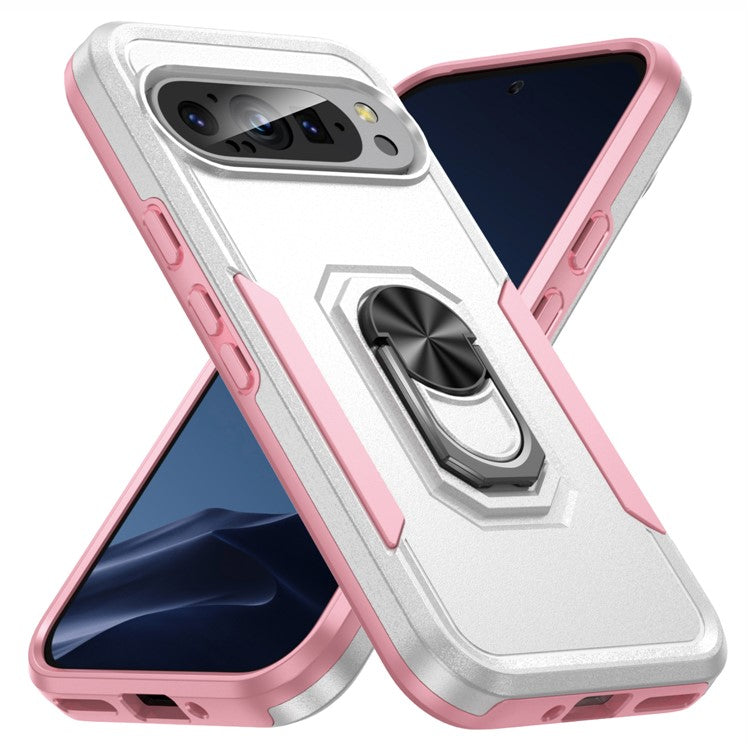 For Google Pixel 9 / Pixel 9 Pro Case Military Grade Ring Kickstand PC+TPU Phone Cover - White+Pink