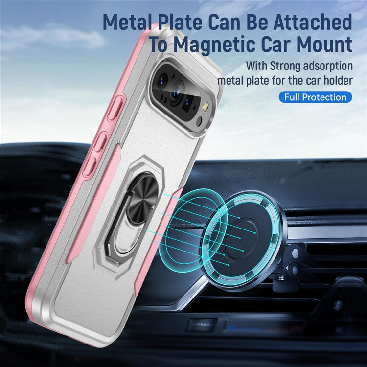 For Google Pixel 9 / Pixel 9 Pro Case Military Grade Ring Kickstand PC+TPU Phone Cover - White+Pink