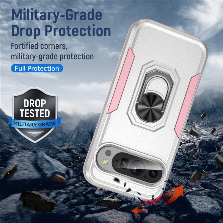 For Google Pixel 9 / Pixel 9 Pro Case Military Grade Ring Kickstand PC+TPU Phone Cover - White+Pink