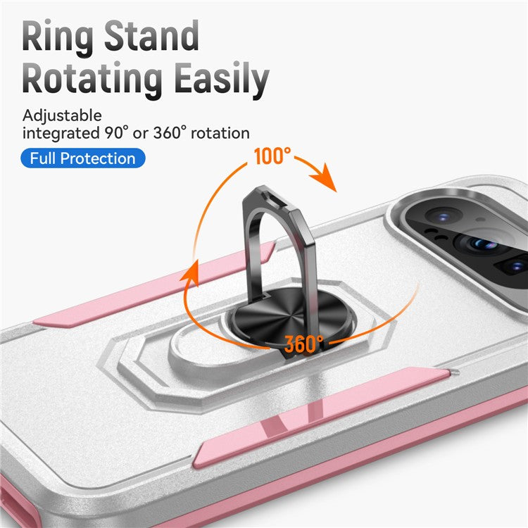 For Google Pixel 9 / Pixel 9 Pro Case Military Grade Ring Kickstand PC+TPU Phone Cover - White+Pink