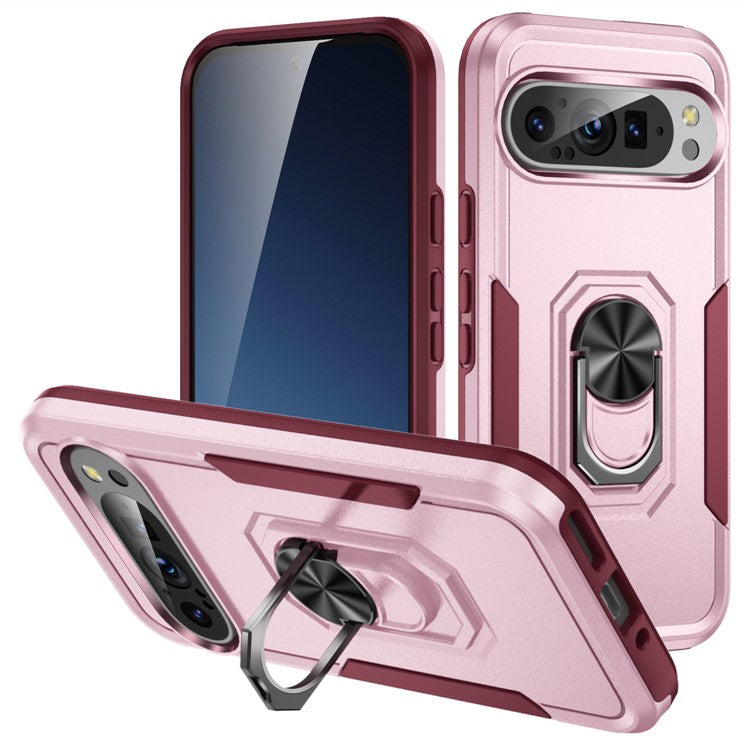 For Google Pixel 9 / Pixel 9 Pro Case Military Grade Ring Kickstand PC+TPU Phone Cover - Pink+Rose