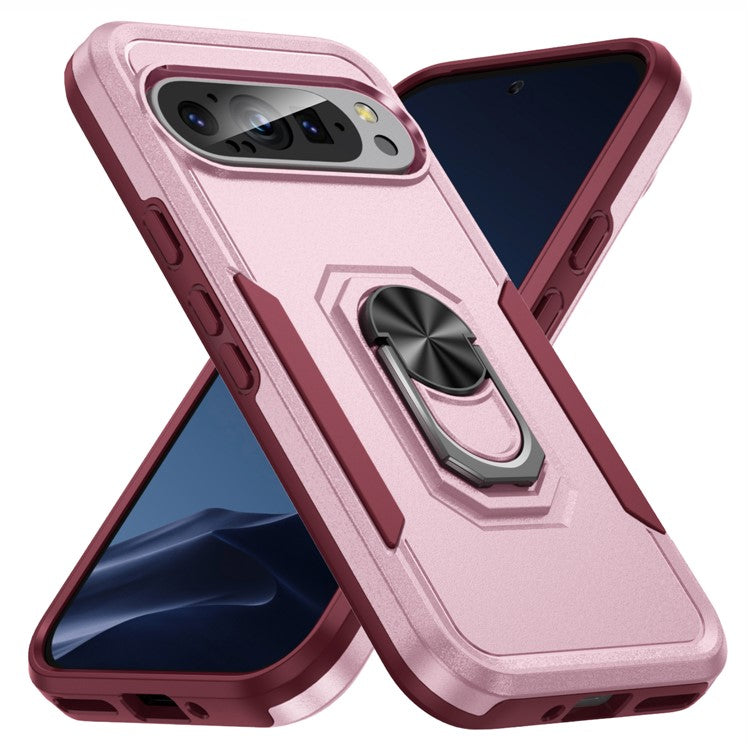 For Google Pixel 9 / Pixel 9 Pro Case Military Grade Ring Kickstand PC+TPU Phone Cover - Pink+Rose