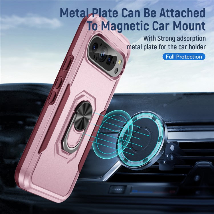 For Google Pixel 9 / Pixel 9 Pro Case Military Grade Ring Kickstand PC+TPU Phone Cover - Pink+Rose