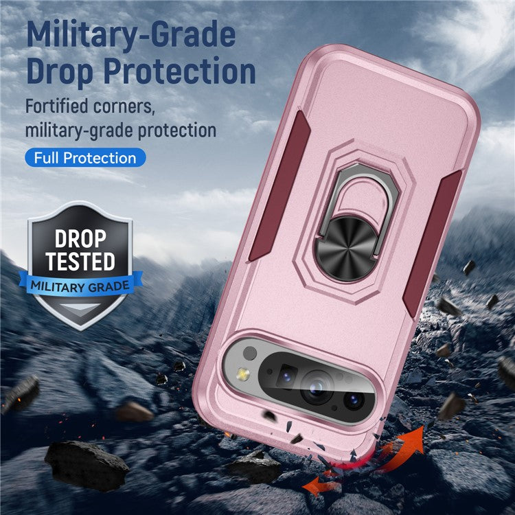 For Google Pixel 9 / Pixel 9 Pro Case Military Grade Ring Kickstand PC+TPU Phone Cover - Pink+Rose