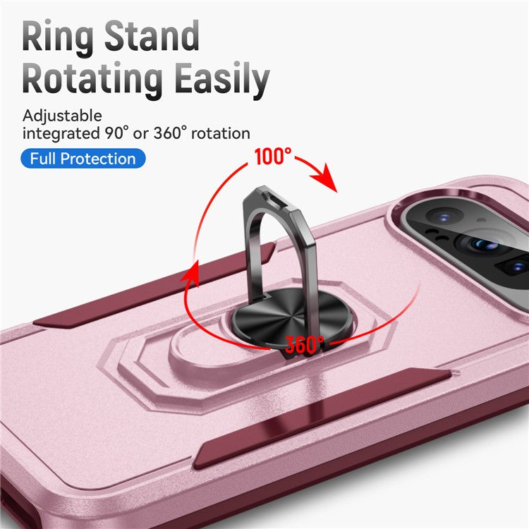 For Google Pixel 9 / Pixel 9 Pro Case Military Grade Ring Kickstand PC+TPU Phone Cover - Pink+Rose