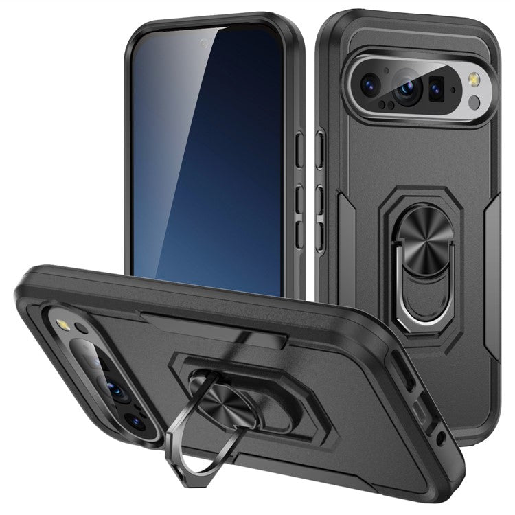 For Google Pixel 9 / Pixel 9 Pro Case Military Grade Ring Kickstand PC+TPU Phone Cover - Black