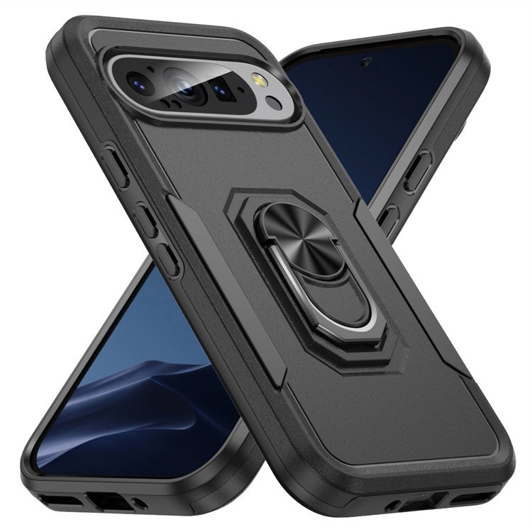 For Google Pixel 9 / Pixel 9 Pro Case Military Grade Ring Kickstand PC+TPU Phone Cover - Black