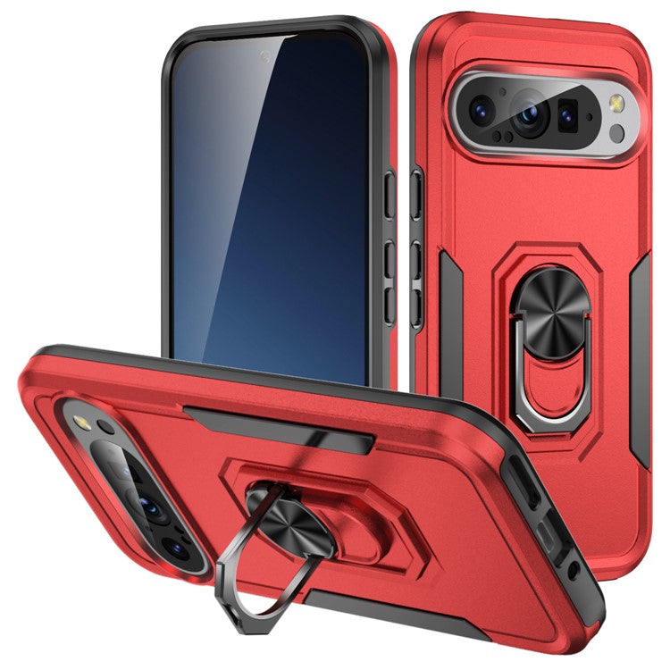 For Google Pixel 9 / Pixel 9 Pro Case Military Grade Ring Kickstand PC+TPU Phone Cover - Red+Black