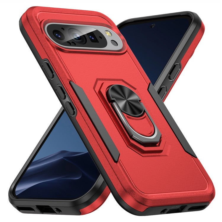 For Google Pixel 9 / Pixel 9 Pro Case Military Grade Ring Kickstand PC+TPU Phone Cover - Red+Black