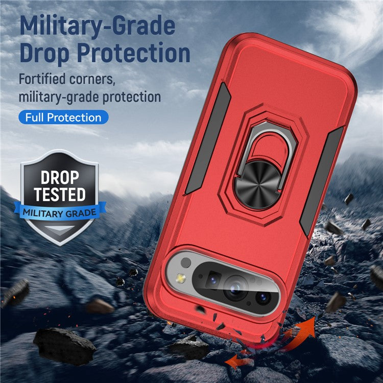 For Google Pixel 9 / Pixel 9 Pro Case Military Grade Ring Kickstand PC+TPU Phone Cover - Red+Black