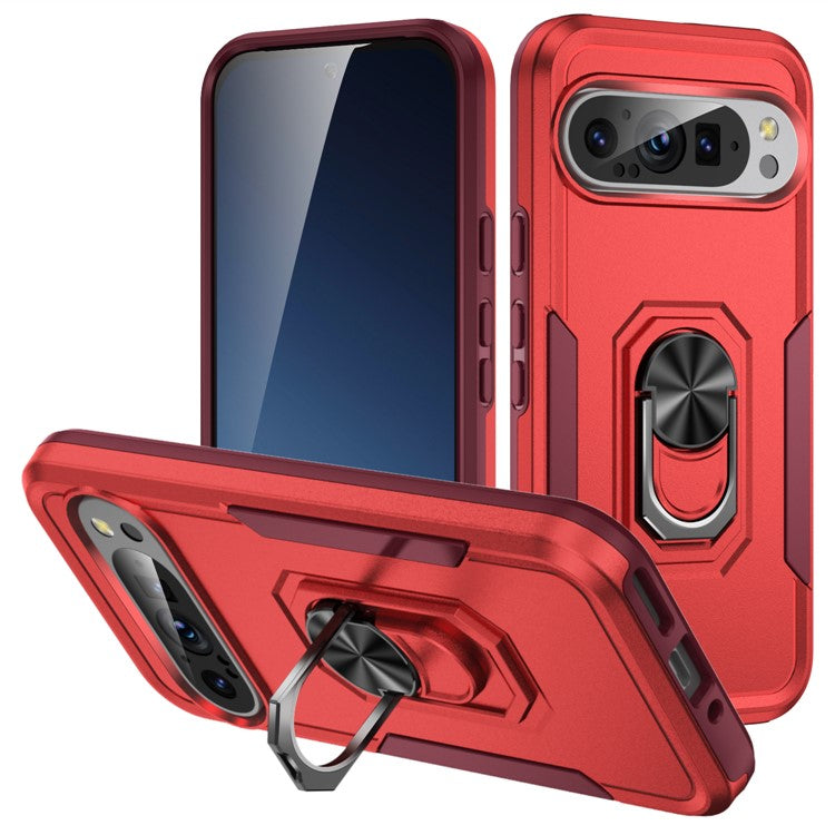 For Google Pixel 9 / Pixel 9 Pro Case Military Grade Ring Kickstand PC+TPU Phone Cover - Red+Rose