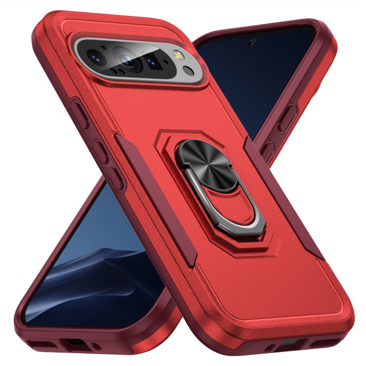 For Google Pixel 9 / Pixel 9 Pro Case Military Grade Ring Kickstand PC+TPU Phone Cover - Red+Rose