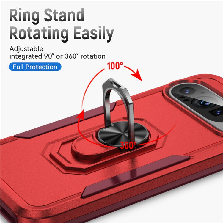 For Google Pixel 9 / Pixel 9 Pro Case Military Grade Ring Kickstand PC+TPU Phone Cover - Red+Rose