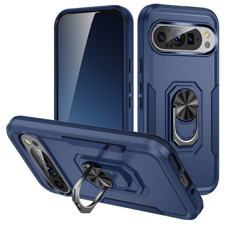 For Google Pixel 9 / Pixel 9 Pro Case Military Grade Ring Kickstand PC+TPU Phone Cover - Blue