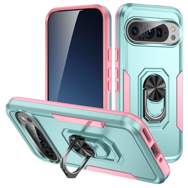 For Google Pixel 9 / Pixel 9 Pro Case Military Grade Ring Kickstand PC+TPU Phone Cover - Green+Pink