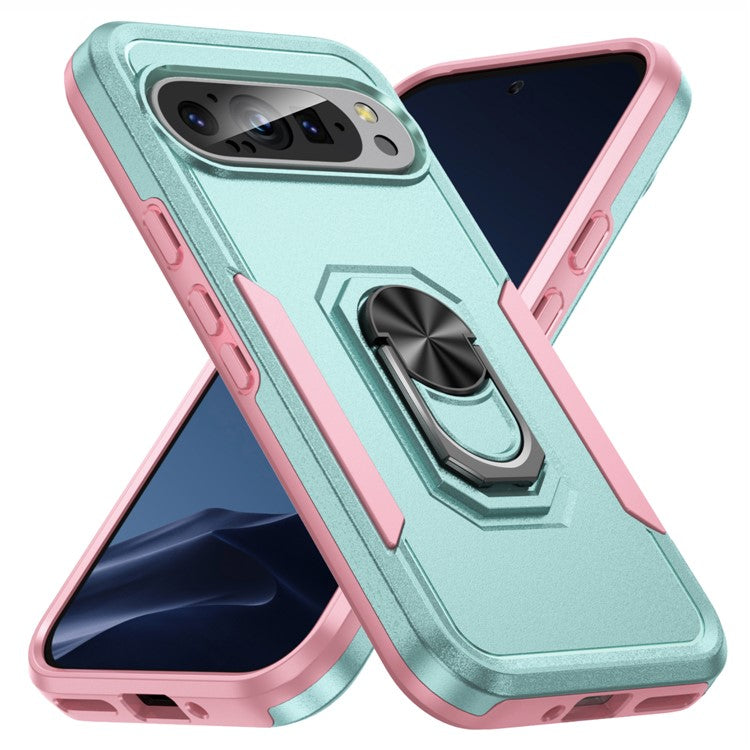 For Google Pixel 9 / Pixel 9 Pro Case Military Grade Ring Kickstand PC+TPU Phone Cover - Green+Pink