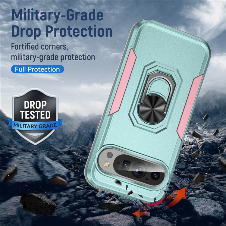 For Google Pixel 9 / Pixel 9 Pro Case Military Grade Ring Kickstand PC+TPU Phone Cover - Green+Pink