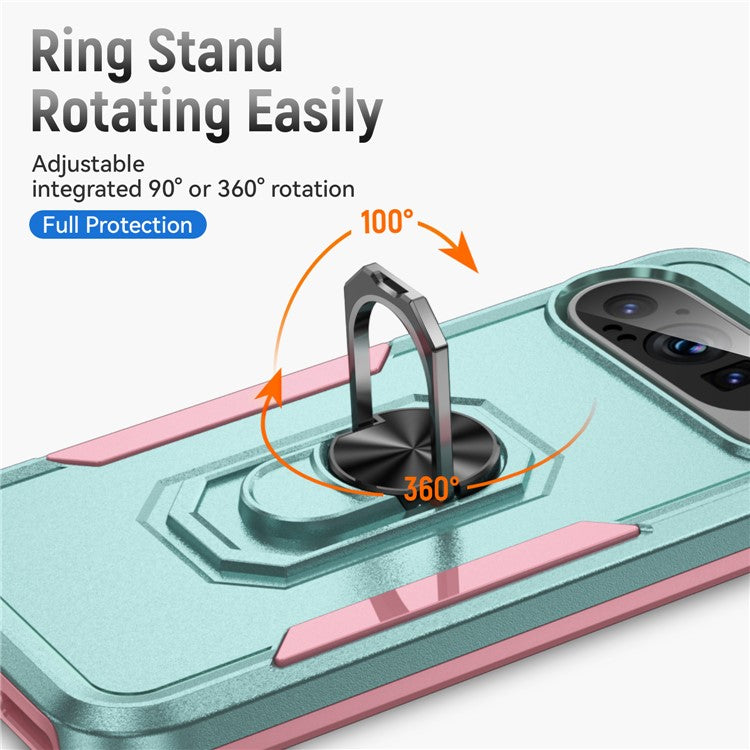 For Google Pixel 9 / Pixel 9 Pro Case Military Grade Ring Kickstand PC+TPU Phone Cover - Green+Pink