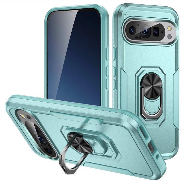 For Google Pixel 9 / Pixel 9 Pro Case Military Grade Ring Kickstand PC+TPU Phone Cover - Green