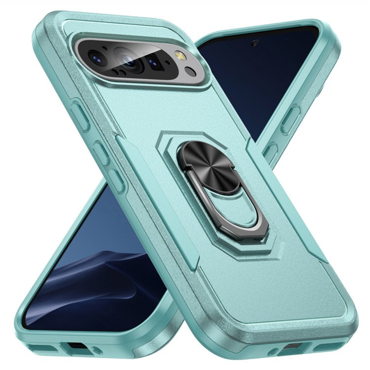 For Google Pixel 9 / Pixel 9 Pro Case Military Grade Ring Kickstand PC+TPU Phone Cover - Green