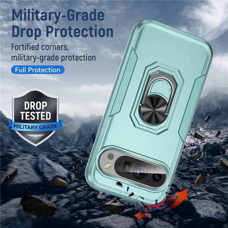 For Google Pixel 9 / Pixel 9 Pro Case Military Grade Ring Kickstand PC+TPU Phone Cover - Green