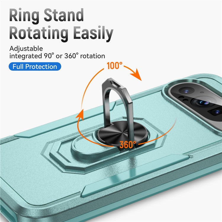 For Google Pixel 9 / Pixel 9 Pro Case Military Grade Ring Kickstand PC+TPU Phone Cover - Green