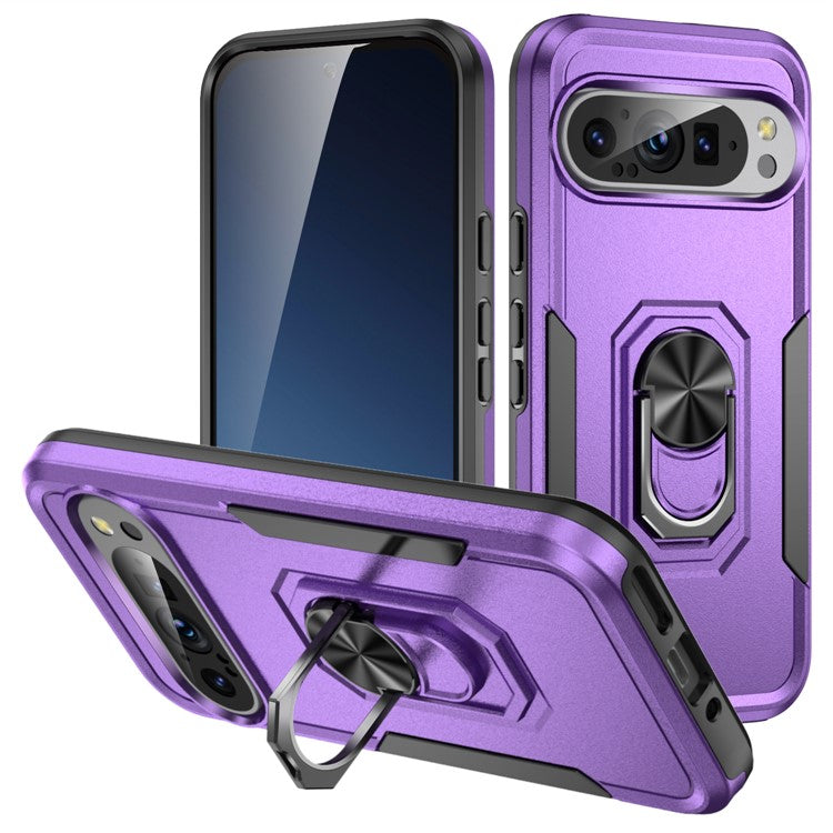 For Google Pixel 9 / Pixel 9 Pro Case Military Grade Ring Kickstand PC+TPU Phone Cover - Purple+Black