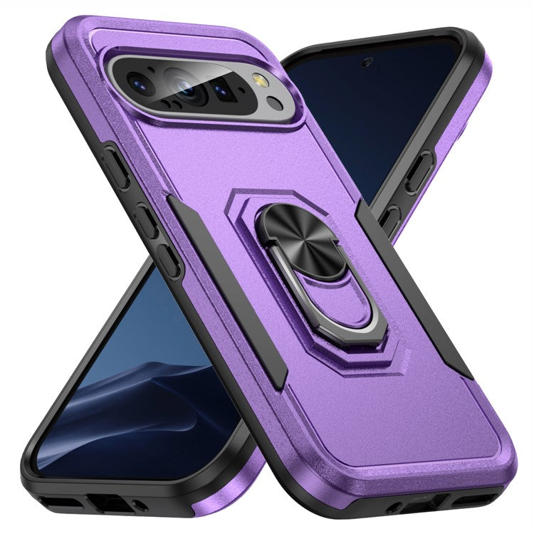 For Google Pixel 9 / Pixel 9 Pro Case Military Grade Ring Kickstand PC+TPU Phone Cover - Purple+Black