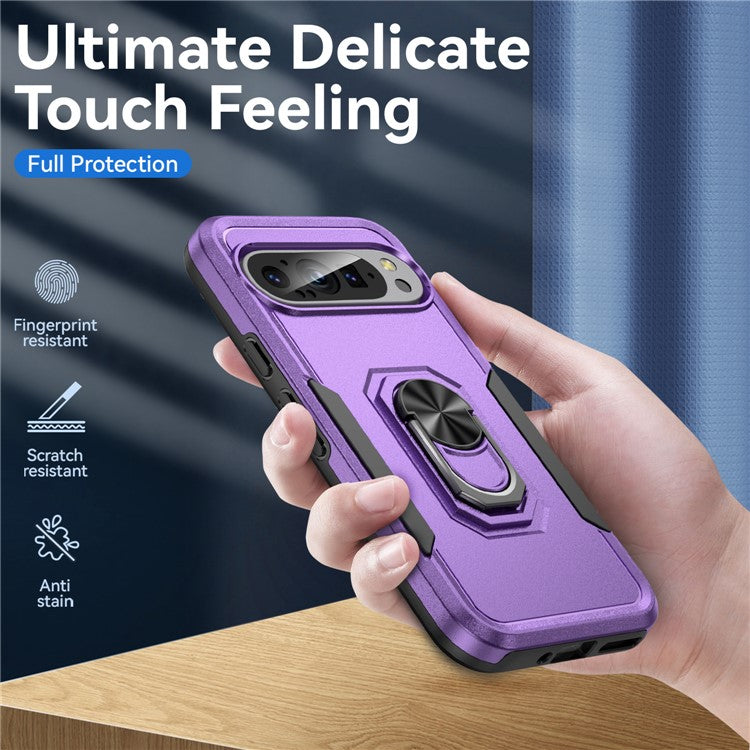 For Google Pixel 9 / Pixel 9 Pro Case Military Grade Ring Kickstand PC+TPU Phone Cover - Purple+Black