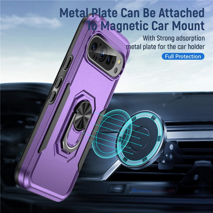 For Google Pixel 9 / Pixel 9 Pro Case Military Grade Ring Kickstand PC+TPU Phone Cover - Purple+Black