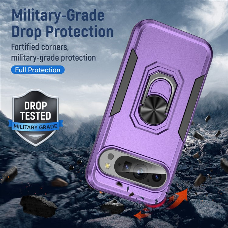 For Google Pixel 9 / Pixel 9 Pro Case Military Grade Ring Kickstand PC+TPU Phone Cover - Purple+Black