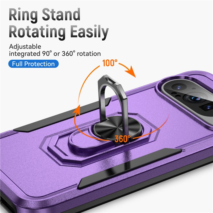 For Google Pixel 9 / Pixel 9 Pro Case Military Grade Ring Kickstand PC+TPU Phone Cover - Purple+Black