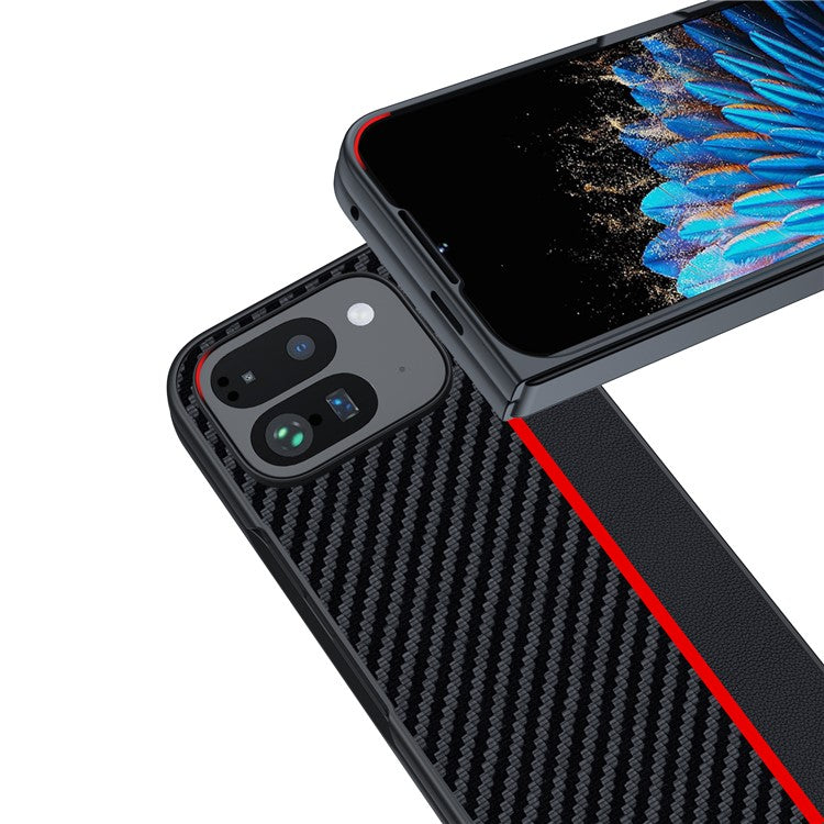 For Google Pixel 9 Pro Fold 5G Case Carbon Fiber Texture Leather+PC Anti-Drop Folding Phone Cover - Black+Red