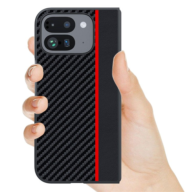 For Google Pixel 9 Pro Fold 5G Case Carbon Fiber Texture Leather+PC Anti-Drop Folding Phone Cover - Black+Red