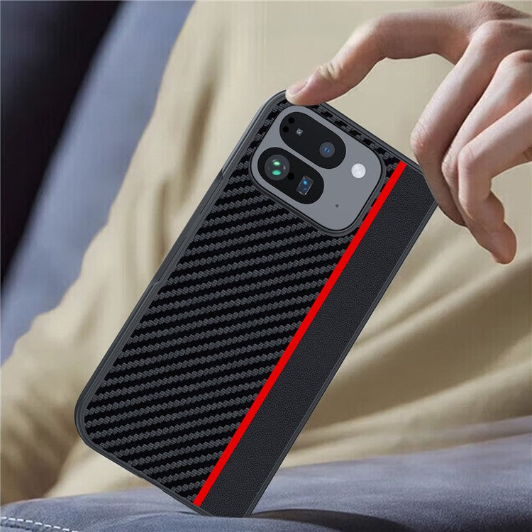 For Google Pixel 9 Pro Fold 5G Case Carbon Fiber Texture Leather+PC Anti-Drop Folding Phone Cover - Black+Red