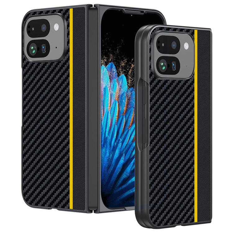 For Google Pixel 9 Pro Fold 5G Case Carbon Fiber Texture Leather+PC Anti-Drop Folding Phone Cover - Black+Yellow