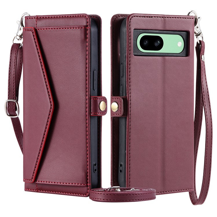 For Google Pixel 8a Leather Case Wallet Stand Phone Cover with Straps - Wine Red