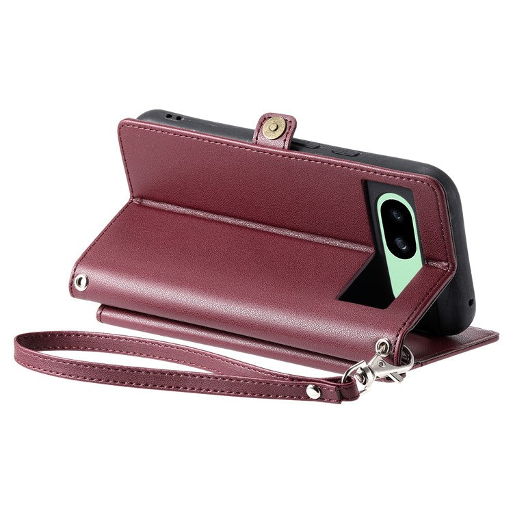 For Google Pixel 8a Leather Case Wallet Stand Phone Cover with Straps - Wine Red