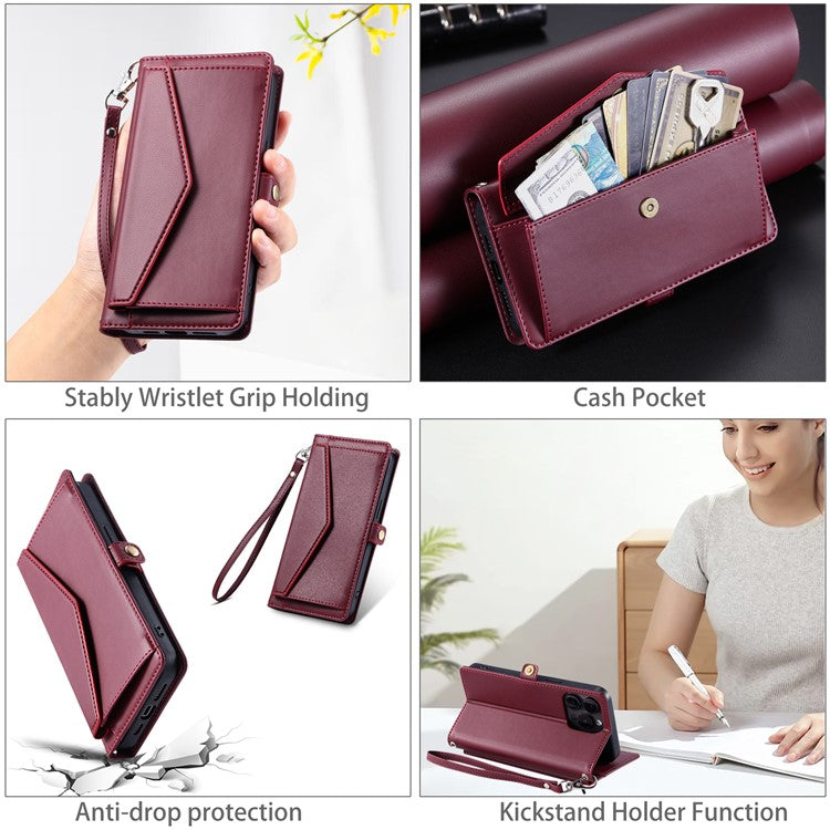 For Google Pixel 8a Leather Case Wallet Stand Phone Cover with Straps - Wine Red