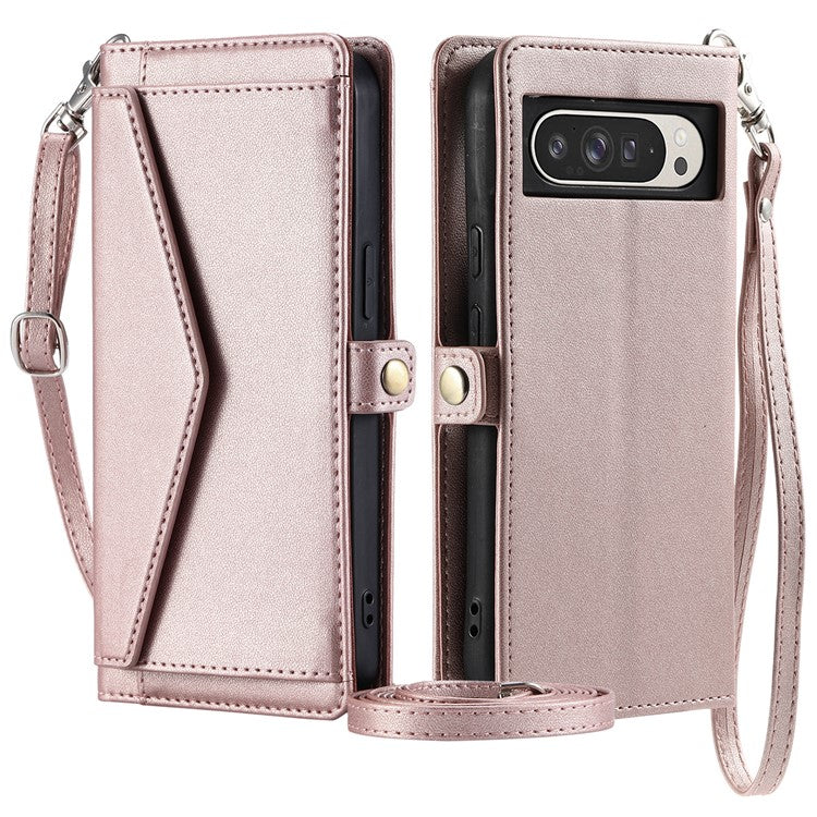 For Google Pixel 9 Pro XL Leather Case Wallet Stand Phone Cover with Straps - Rose Gold