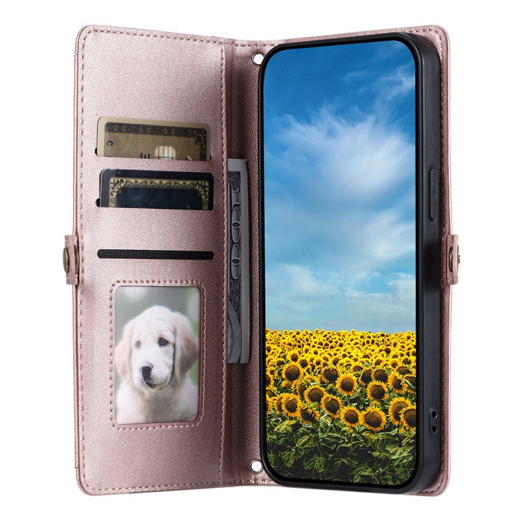 For Google Pixel 9 Pro XL Leather Case Wallet Stand Phone Cover with Straps - Rose Gold