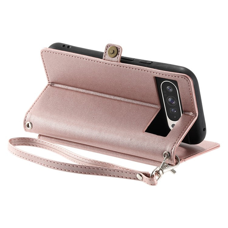 For Google Pixel 9 Pro XL Leather Case Wallet Stand Phone Cover with Straps - Rose Gold