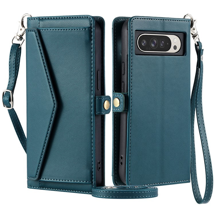 For Google Pixel 9 Pro XL Leather Case Wallet Stand Phone Cover with Straps - Blackish Green