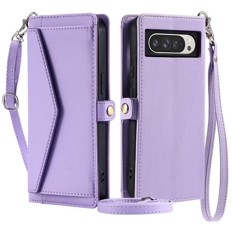 For Google Pixel 9 Pro XL Leather Case Wallet Stand Phone Cover with Straps - Purple