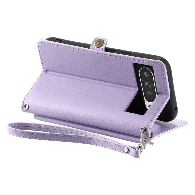 For Google Pixel 9 Pro XL Leather Case Wallet Stand Phone Cover with Straps - Purple