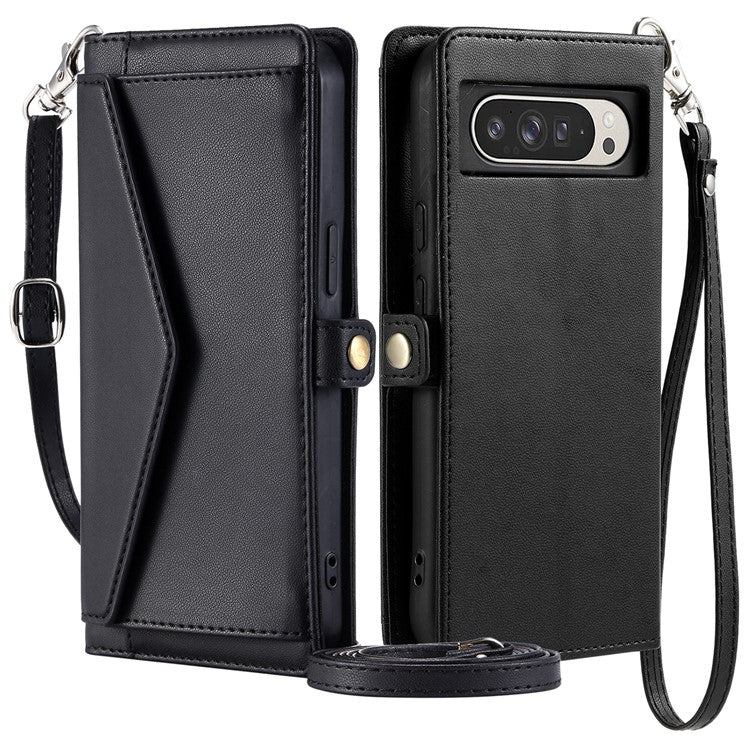 For Google Pixel 9 Pro XL Leather Case Wallet Stand Phone Cover with Straps - Black