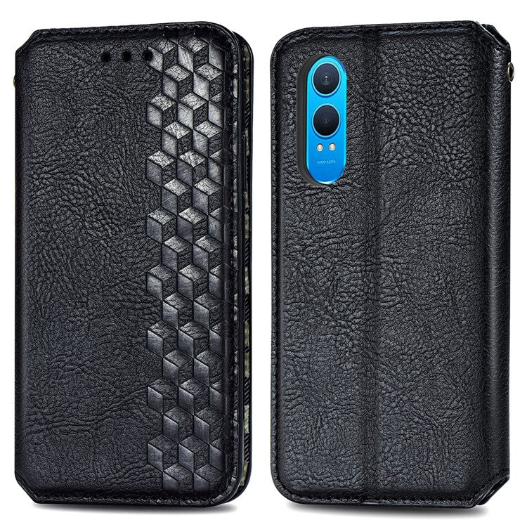 For OnePlus Nord CE4 Lite 5G Case Rhombus Imprint PU Leather Wallet Phone Cover - Black