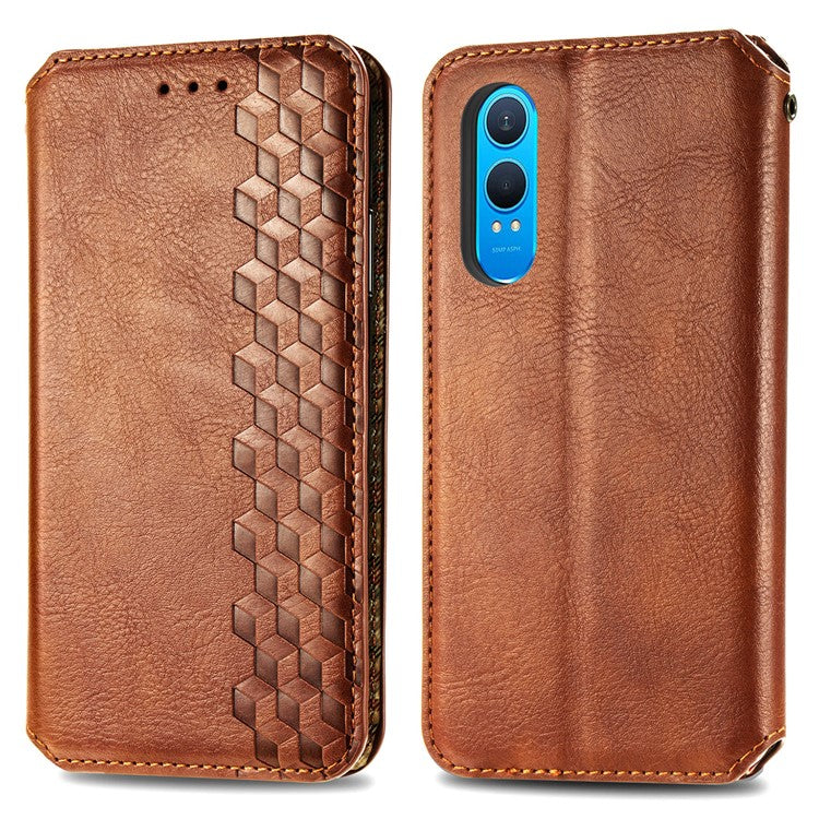 For OnePlus Nord CE4 Lite 5G Case Rhombus Imprint PU Leather Wallet Phone Cover - Brown